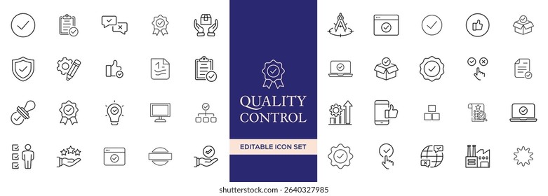 Quality control set of web icons in line style. Quality Check computing icons for web and mobile app. Containing inspection, evaluation, production, quality assurance, certificate, testing and more