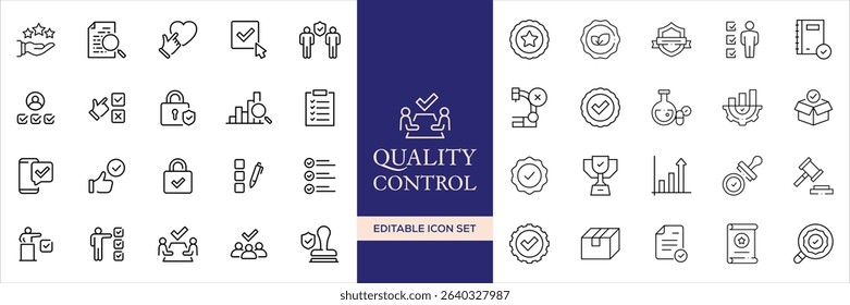 Quality control set of web icons in line style. Quality Check computing icons for web and mobile app. Containing inspection, evaluation, production, quality assurance, certificate, testing and more