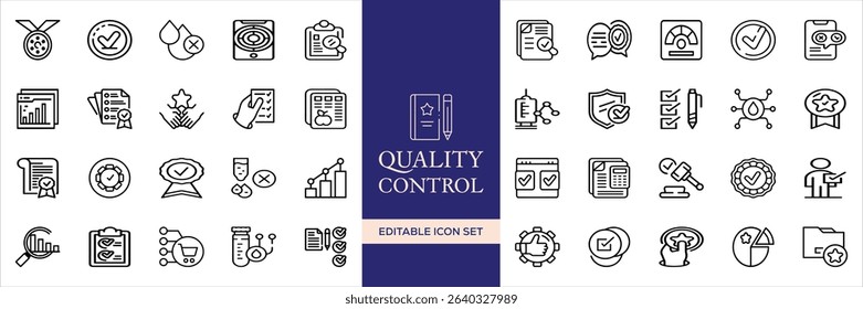 Quality control set of web icons in line style. Quality Check computing icons for web and mobile app. Containing inspection, evaluation, production, quality assurance, certificate, testing and more