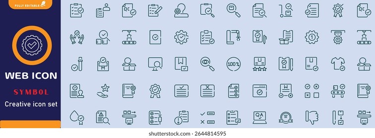 Quality control set of web icons in line style. Quality Check computing icons for web and mobile app. Containing inspection, evaluation, production, quality assurance, certificate, testing and more