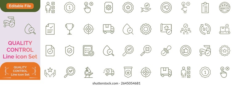 Quality control set of web icons in line style. Quality Check computing icons for web and mobile app. Containing inspection, evaluation, production, quality assurance, certificate, testing line icon.
