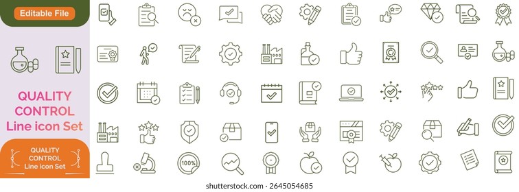 Quality control set of web icons in line style. Quality Check computing icons for web and mobile app. Containing inspection, evaluation, production, quality assurance, certificate, testing line icon.
