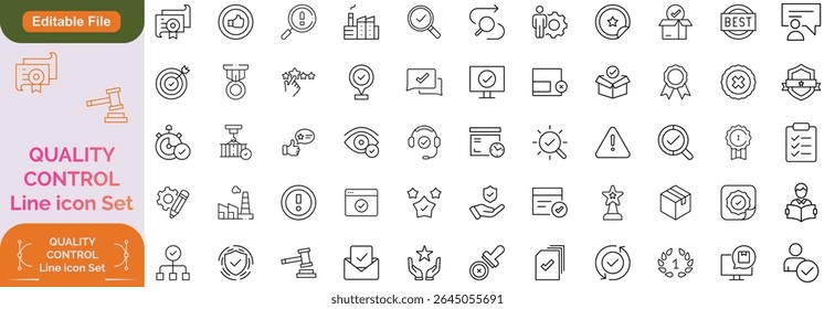 Quality control set of web icons in line style. Quality Check computing icons for web and mobile app. Containing inspection, evaluation, production, quality assurance, certificate, testing and more