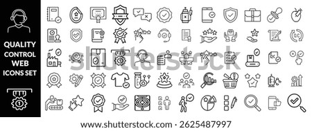 quality control set of web icons in line style. quality check computing icons for web and mobile app. containing inspection, evaluation, production, quality assurance, certificate, testing and more