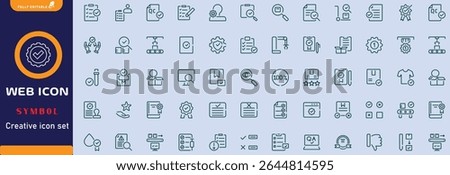 Quality control set of web icons in line style. Quality Check computing icons for web and mobile app. Containing inspection, evaluation, production, quality assurance, certificate, testing and more