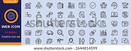Quality control set of web icons in line style. Quality Check computing icons for web and mobile app. Containing inspection, evaluation, production, quality assurance, certificate, testing and more