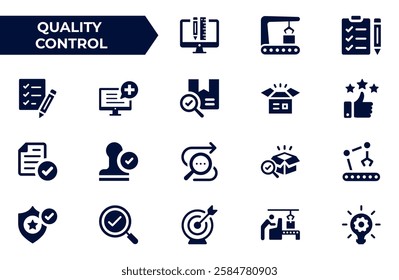 Quality control solid icon set. Containing inspection, evaluation, product, quality assurance, process, testing and more. Solid vector icons collection.