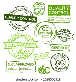 Quality control stamps in differeint shapes. Vector illustration in green colors isolated on a white background.