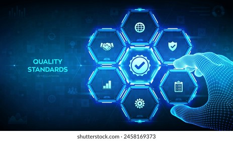 Quality control. Quality standards control assurance warranty. ISO standardization certification. Wireframe hand places an element into a composition visualizing Quality control. Vector illustration.