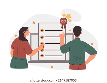 Quality control standards concept. Young man and woman analyze product and issue ISO certificate. Document confirming safety and quality of goods. Checklist. Cartoon flat vector illustration