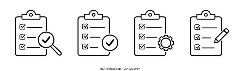 Quality control stroke icon set. Checklist on the clipboard line icon with checkmarks, checklist, document, gear, pencil. 
