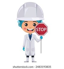Quality control supervisor in food production line holding a stop sign. Agro-industrial engineer or food industry. Chief food safety engineer. Science, technology and safety in food production