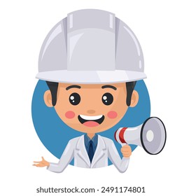 Quality control supervisor in food production line making an announcement with a megaphone. Food industry engineer. Chief food safety. Science, technology and safety in food production and processing