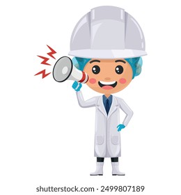 Quality control supervisor in food production line making an announcement with a megaphone. The importance of clear and effective communication in food industry. Food industry engineer