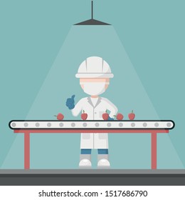 Quality Control Supervisor In A Fruit Selection Production Line. Food Conveyor Belt