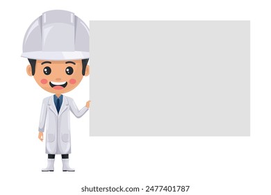 Quality control supervisor holding a banner with space for text for advertising, presentations, brochures . Food industry engineer. Science, technology and safety in food production and processing
