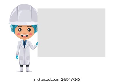 Leiter der Qualitätskontrolle, der einen Banner mit Platz für Werbetexte, Präsentationen und Broschüren hält. In: Food Industry Engineering. Wissenschaft, Technologie und Sicherheit bei der Lebensmittelerzeugung und -verarbeitung