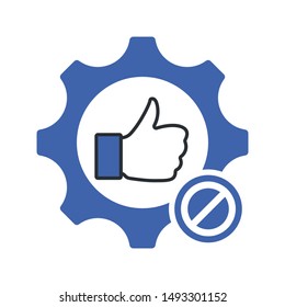 Quality control symbol with thumb up in gear sign. Quality management icon with not allowed sign, block, forbidden, prohibit symbol