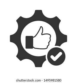 Quality control symbol with thumb up in gear sign. Quality management icon with check sign, approved, confirm, done, tick, completed symbol