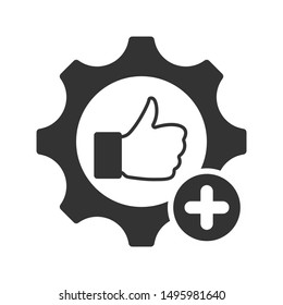 Quality control symbol with thumb up in gear sign. Quality management icon with add sign, new, plus, positive symbol