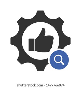 Quality control symbol with thumb up in gear sign. Quality management icon with research sign, explore, find, inspect symbol