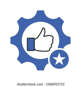 Quality control symbol with thumb up in gear sign. Quality management icon with star sign, best, favorite, rating symbol