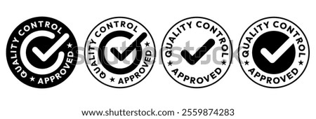 Quality control, tested, approved logo, badge, sticker, symbol, icon, stamp, banner, circle, black, line, flat vector, isolated illustration. Quality approved control label product packaging design.