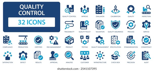 Conjunto de ícones de vetor de controle de qualidade. Garantia de qualidade, inspeção, certificado, controlo de qualidade, melhoria, avaliação, rastreabilidade.