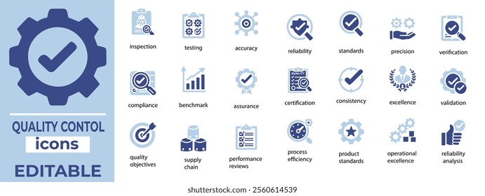 Quality Control Vector Icon Set Inspection, Standards, Testing, Assurance Icons Editable, Modern, Professional Design