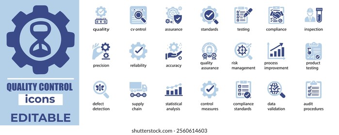 Quality Control Vector Icon Set Inspection, Standards, Testing, Assurance Icons Editable, Modern, Professional Design