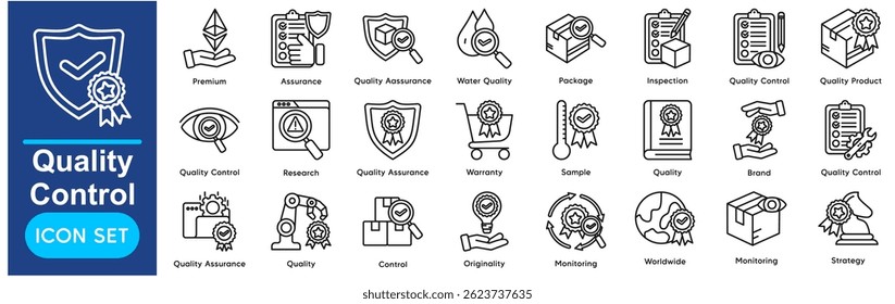 Quality Control Vector Icons Collection related to Premium, Assurance, Quality Assurance, Water Quality, Package, Inspection.