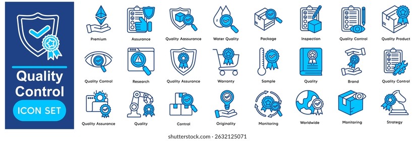 Coleção de Ícones Vetoriais de Controle de Qualidade relacionados a Premium, Assurance, Quality Assurance, Water Quality, Package, Inspection.