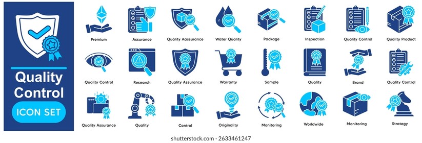 Quality Control Vector Icons Collection related to Premium, Assurance, Quality Assurance, Water Quality, Package, Inspection.