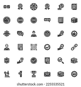 Quality control vector icons set, modern solid symbol collection, filled style pictogram pack. Signs, logo illustration. Set includes icons as warranty certificate badge, guarantee, customer review
