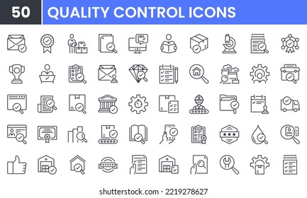 Quality Control vector line icon set. Contains linear outline icons like Inspection, Approve, Check, Examination, Verify, Review, Microscope, Analysis, Risk, Package . Editable use and stroke.