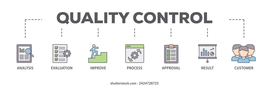 Quality control web banner icon vector illustration concept consists of analysis, evaluation, improve, process, approval, result, and customer icon live stroke and easy to edit