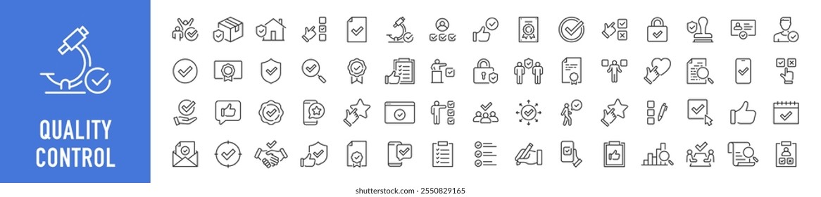 Web-Symbole der Qualitätskontrolle im Linienstil. Zertifiziert, inspizieren, produzieren, produzieren, analysieren, sammeln. Vektorgrafik.