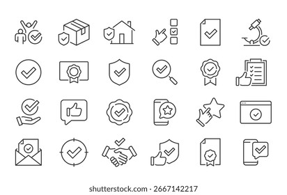 Ícones da Web do Controle de Qualidade no estilo de linha. Certificado, inspecionar, fabricação, produção, análise, coleta. Ilustração vetorial.