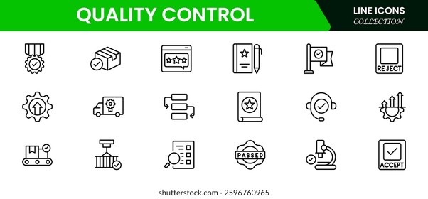 Quality control web icons set vector Illustration. Thin line icons for quality control, inspection, management, analysis, certification, standards, and compliance.