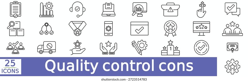 Ícones da Web de controle de qualidade definem o vetor Ilustração.Verificação de qualidade calculando ícones para aplicativos móveis e da Web.