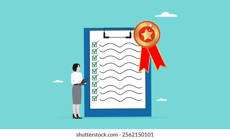 quality control, woman check product quality with set standard and quality icon. quality control or certified approval. product safety. guarantee checklist document