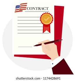 Quality Control Worker Examining American Contract in Government Office by signing US document. Technicians inspecting the quality of produced product. Business Industry in the USA America 