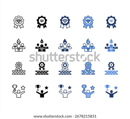 Quality, Craftmanship, Leader, Success, multiple style icon set.