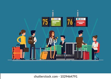 Quality detailed flat vector illustration on international airport check-in desk with airline representatives attending passengers in the queue