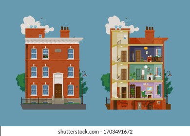 Quality detailed vector illustration on downtown building exterior and interior with furnished apartments, elevator, stairwell, roof access and basement. Facade and inner structure on separate layers.