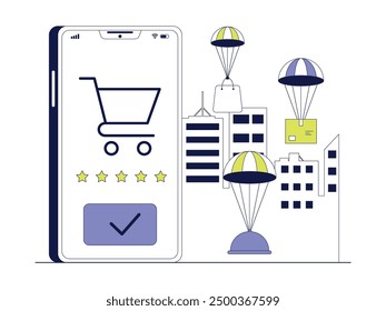 Quality e-market application in delivery various types of goods, vector illustration.