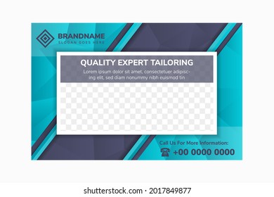 Quality expert tailoring flyer design template use horizontal layout. dark blue gradient background with bright blue element. rectangle space of photo collage. mosaic low polygonal shape for texture. 