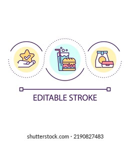 Quality fast food chain loop concept icon. Popular franchise restaurant abstract idea thin line illustration. Hamburger with soft drink. Isolated outline drawing. Editable stroke. Arial font used