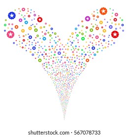 Quality fireworks stream. Vector illustration style is flat bright multicolored iconic symbols on a white background. Object double fountain organized from random symbols.