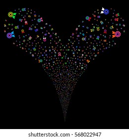Quality fireworks stream. Vector illustration style is flat bright multicolored iconic symbols on a black background. Object double fountain constructed from random pictographs.